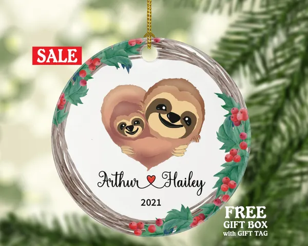 Couple Christmas Ornament Personalized - Valentines Together Lovers - New Sloth Couple Gift Heart - Custom Names and Year