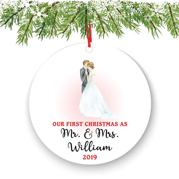 Personalized First Christmas As Mr & Mrs Bride Groom Just Married Ornament - Wedding Couple Bride and Groom - Newlyweds Watercolor
