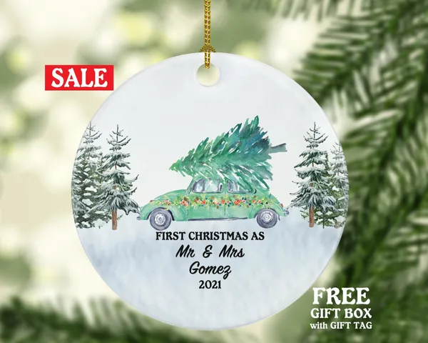 First Christmas As Mr & Mrs Newlywed Christmas Ornament - Personalized  Wedding First Married Gift for Wedding Vintage Green Car