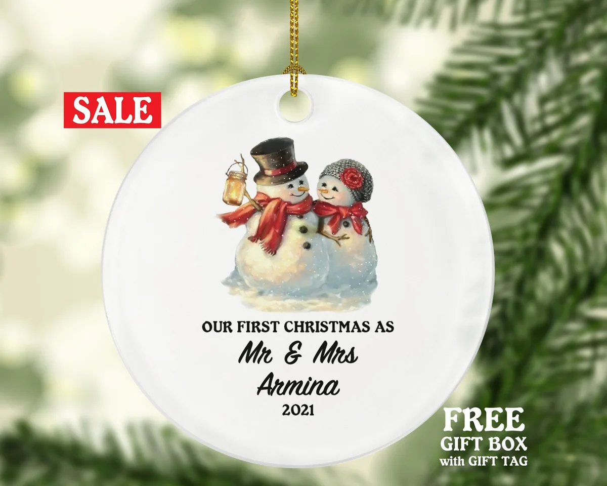 Our First Christmas as Mr & Mrs Married Couple Christmas Ornament Personalized - Newlywed Mr. and Mrs. Gift - Snowmen - Custom Family Name