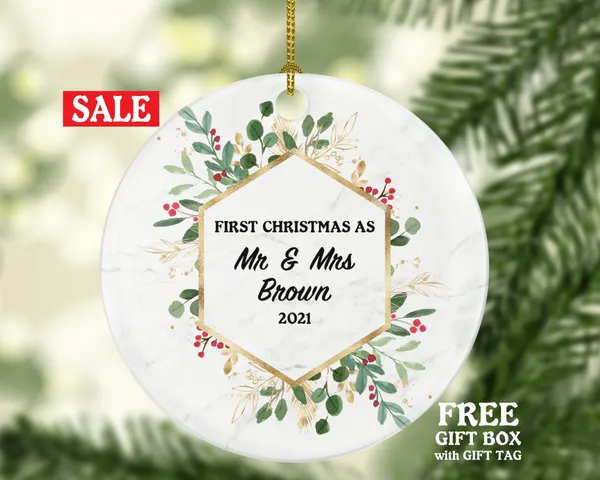 First Christmas as Mr & Mrs Married Couple Christmas Ornament Personalized - Newlywed Christmas First Custom Gift - Greenery