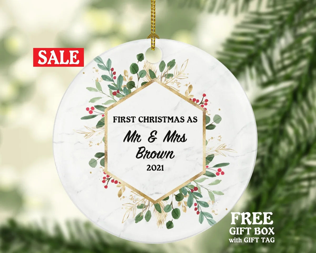 First Christmas as Mr & Mrs Married Couple Christmas Ornament Personalized - Newlywed Christmas First Custom Gift - Greenery