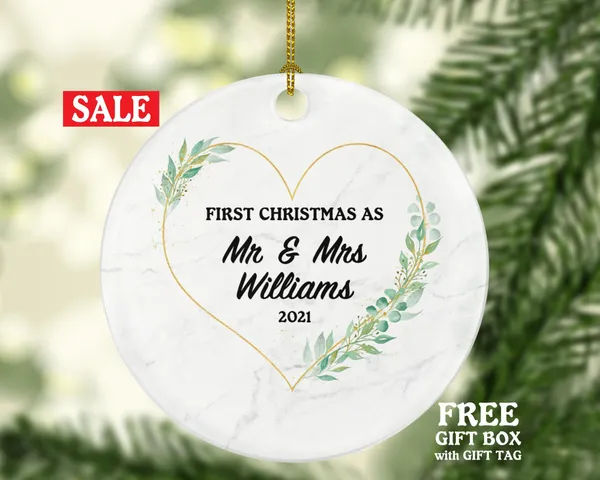 First Christmas as Mr & Mrs Married Couple Christmas Ornament Personalized - Newlywed Christmas First Custom Gift - Greenery Heart