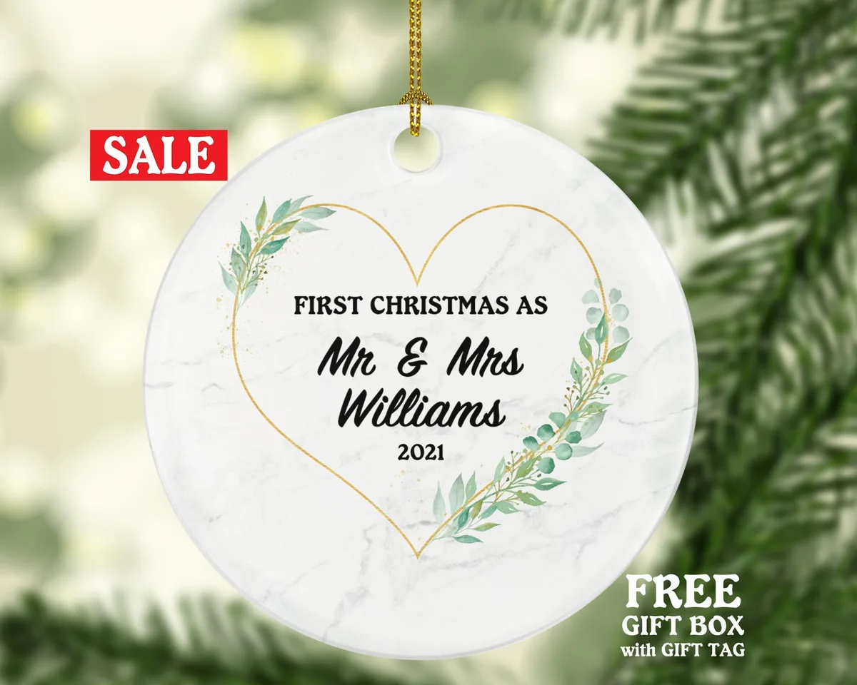 First Christmas as Mr & Mrs Married Couple Christmas Ornament Personalized - Newlywed Christmas First Custom Gift - Greenery Heart