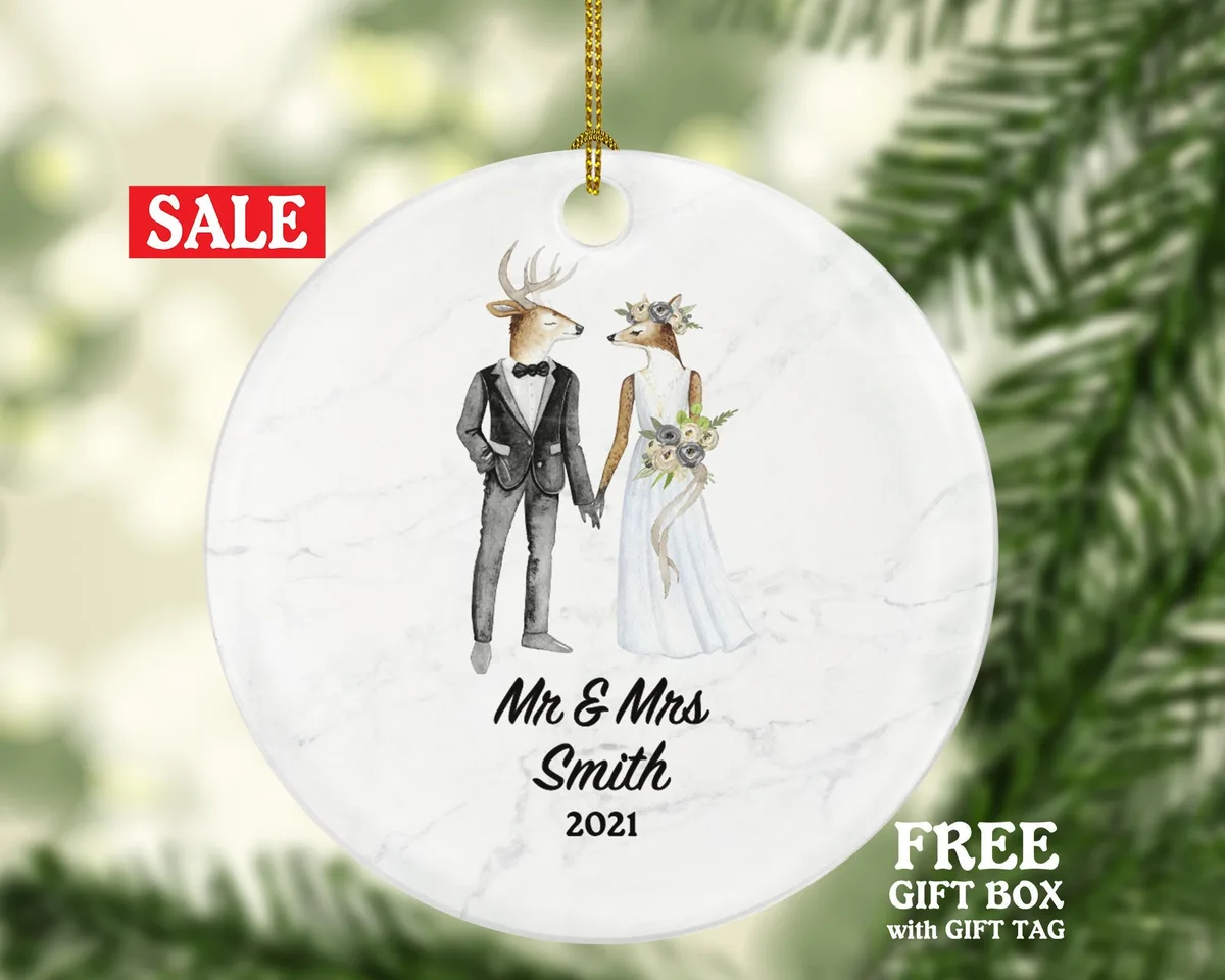 Mr & Mrs Married Couple Christmas Ornament Personalized - Deer Bride and Groom Newlywed Our First Christmas Gift