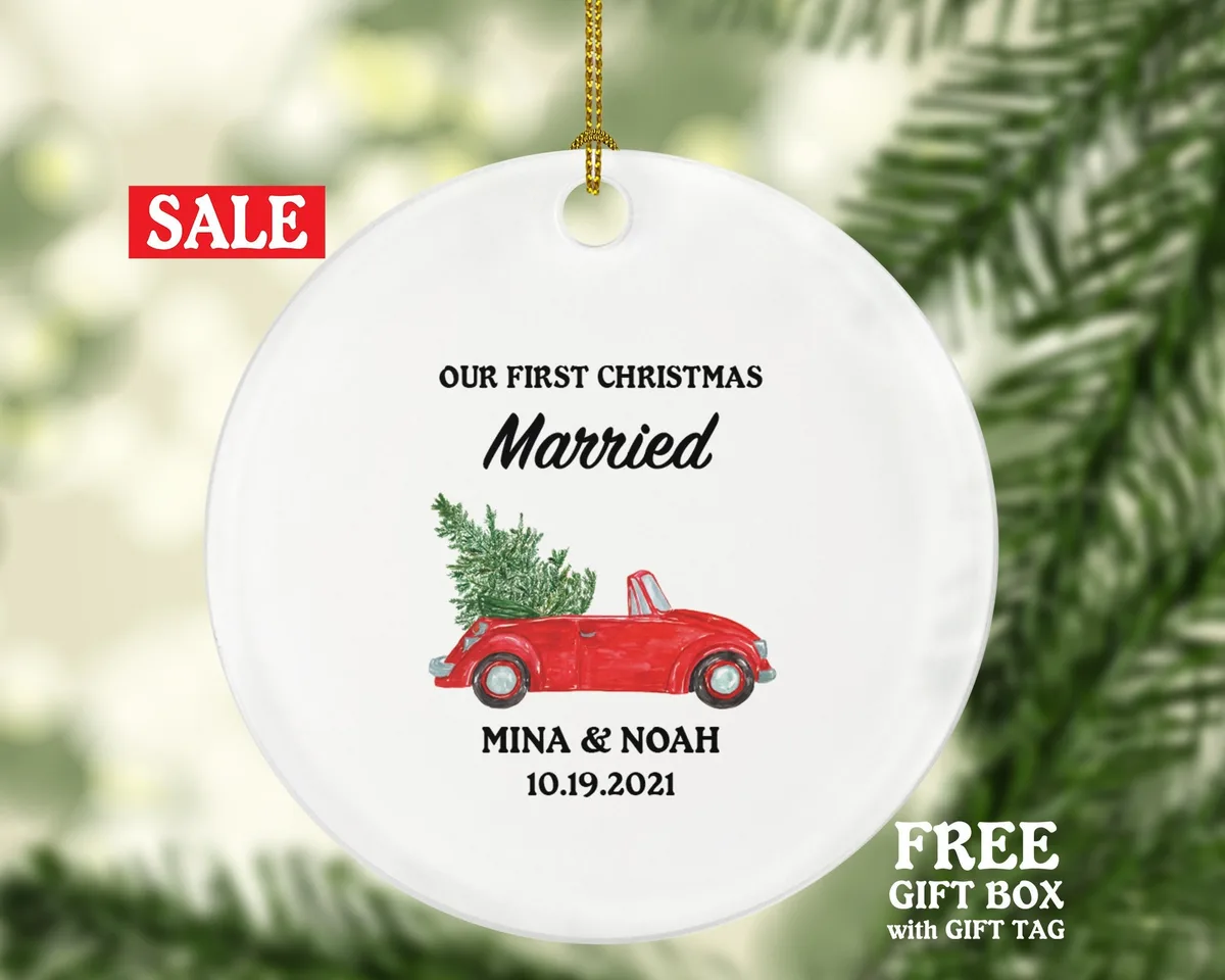 First Christmas Married Christmas Ornament - Personalized As Mr & Mrs Newlywed Wedding First Gift for Wedding Convertible Red Car Ornament