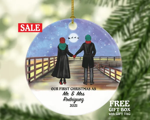 Newlywed Mr. and Mrs. Our First Christmas as Mr & Mrs Couple Personalized Ornament - Wedding Just Married Marriage Gift