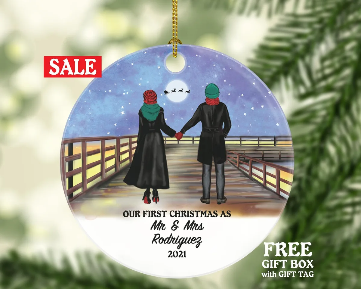 Newlywed Mr. and Mrs. Our First Christmas as Mr & Mrs Couple Personalized Ornament - Wedding Just Married Marriage Gift