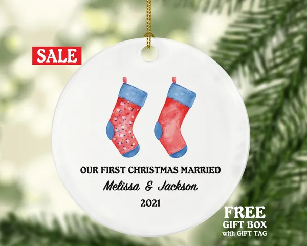 First Christmas Married Socks Ornament - Newlywed Couple Wedding First as Mr & Mrs Wedding Personalized Gift for Bride Groom Mr. Mrs.