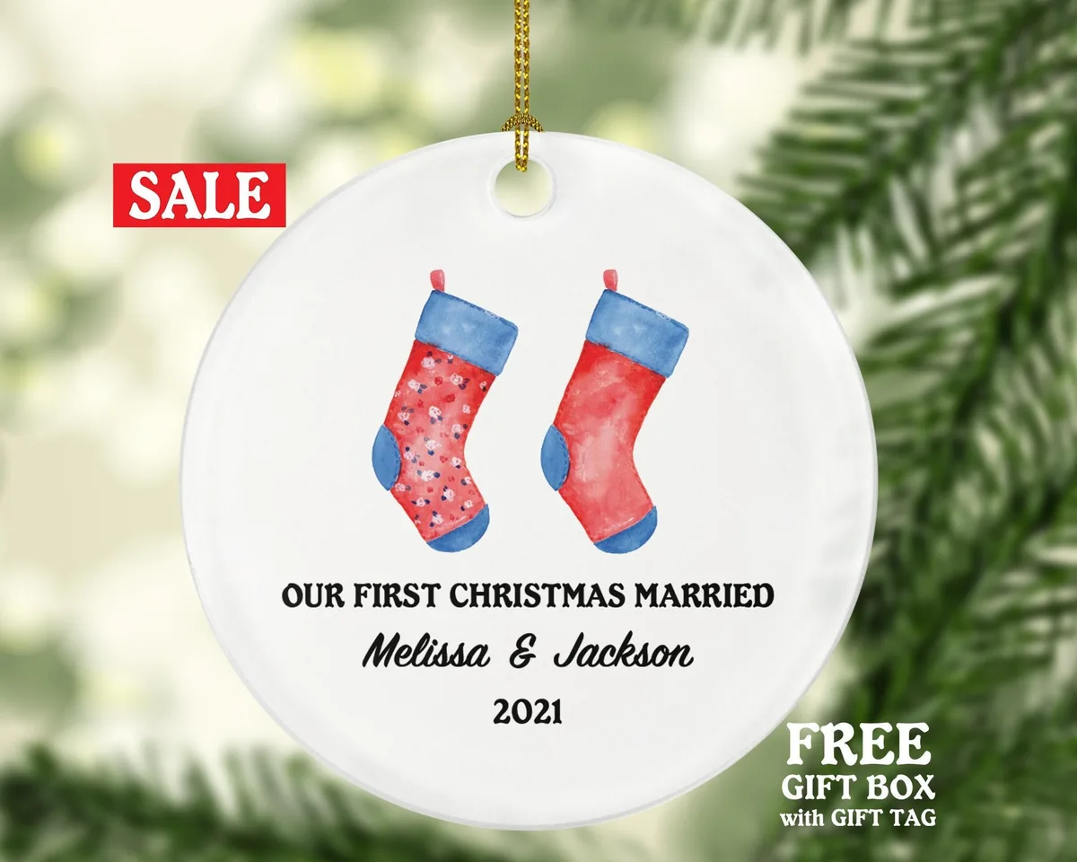First Christmas Married Socks Ornament - Newlywed Couple Wedding First as Mr & Mrs Wedding Personalized Gift for Bride Groom Mr. Mrs.