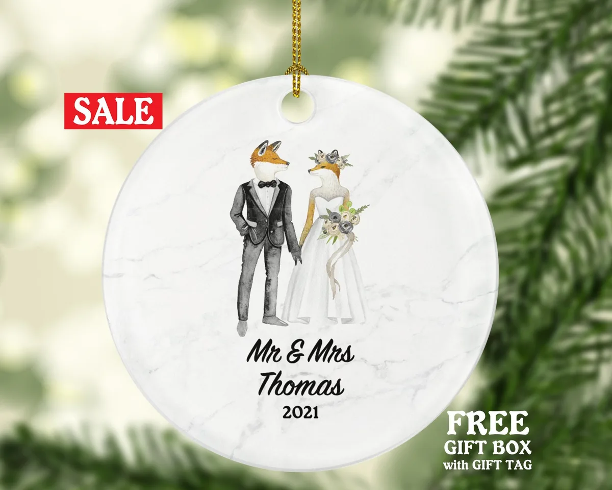 Mr & Mrs Married Couple Christmas Ornament Personalized - Fox Bride and Groom Newlywed Our First Christmas Gift