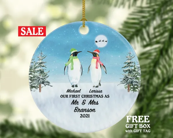 First Christmas as Mr & Mrs Wedding Personalized Ornament - Just Married Newlywed Custom Mr. and Mrs. Marriage - Penguin Couple Gift