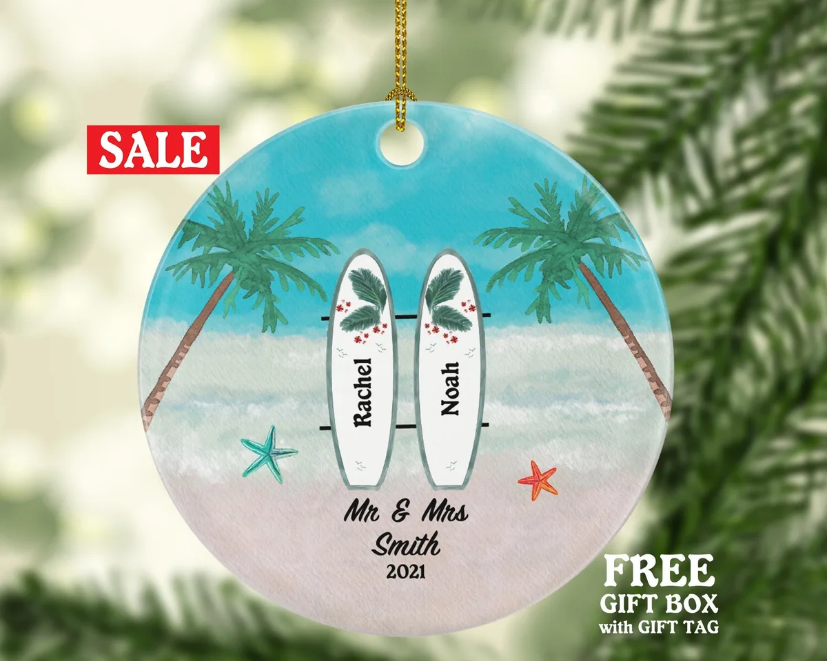 First Christmas as Mr & Mrs Beach Wedding Personalized Ornament - Custom Mr. and Mrs. Marriage - Couple Surfboard Surf Board Bride Groom