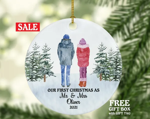 First Christmas As Mr & Mrs Newlywed Couple Personalized Ornament - Wedding First Married Wedding Gift for Bride Groom Mr. and Mrs.