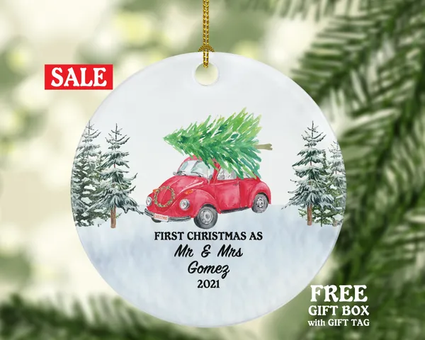 First Christmas As Mr & Mrs Newlywed Christmas Ornament - Personalized  Wedding First Married Gift for Wedding Vintage Red Car Ornaments