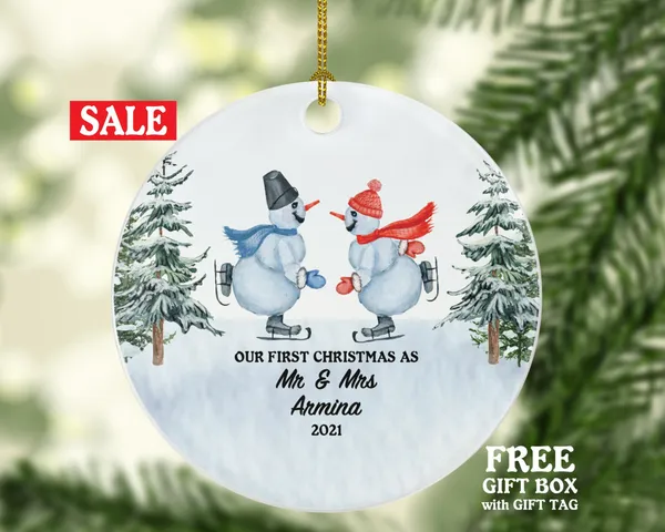 First Christmas as Mr & Mrs Married Couple Christmas Ornament Personalized - Newlywed Mr. and Mrs. Wedding Gift - Snowmen