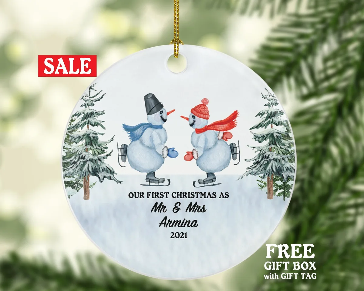 First Christmas as Mr & Mrs Married Couple Christmas Ornament Personalized - Newlywed Mr. and Mrs. Wedding Gift - Snowmen