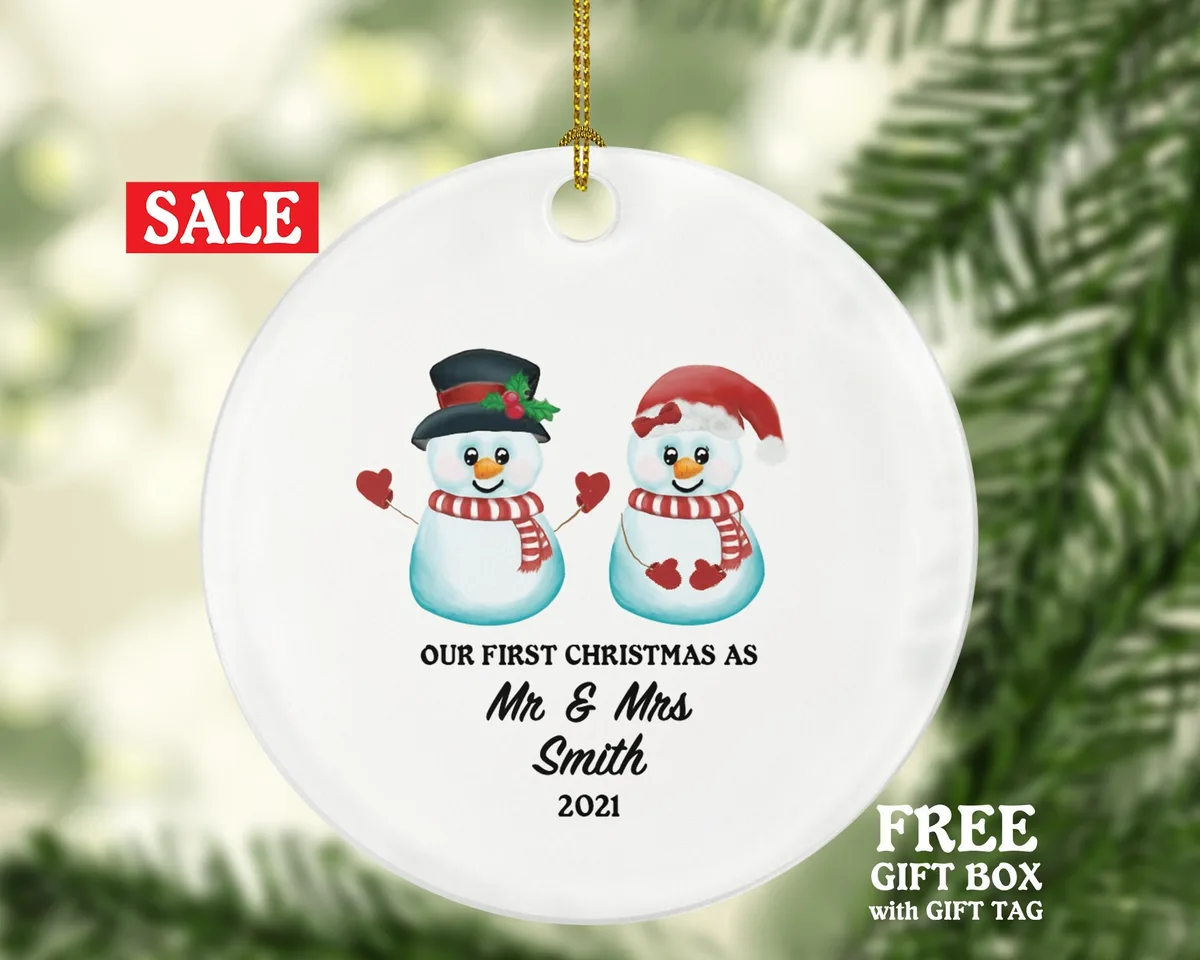 First Christmas as Mr & Mrs Married Couple Christmas Ornament Personalized - Newlywed Mr. and Mrs. Wedding Gift - Snowmen