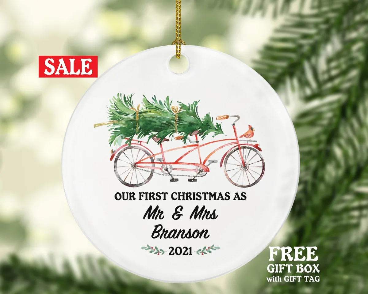 Personalized Mr & Mrs Christmas Ornament - Tandem Bicycle Couples Wedding Newlywed Gift Just Married Newly Wed Custom Bride Groom
