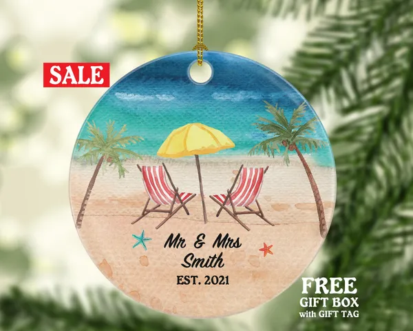Personalized Mr and Mrs Ornament Beach Wedding First Christmas Married Wedding Gift Decor Custom Couple Gift