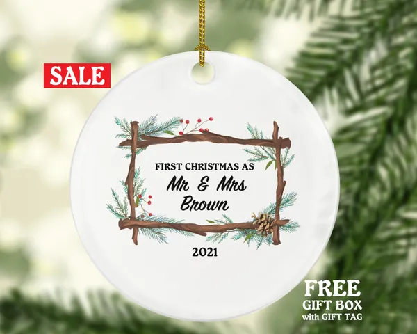 First Christmas as Mr & Mrs Married Couple Christmas Ornament Personalized - Newlywed Mr. and Mrs. Wedding Gift