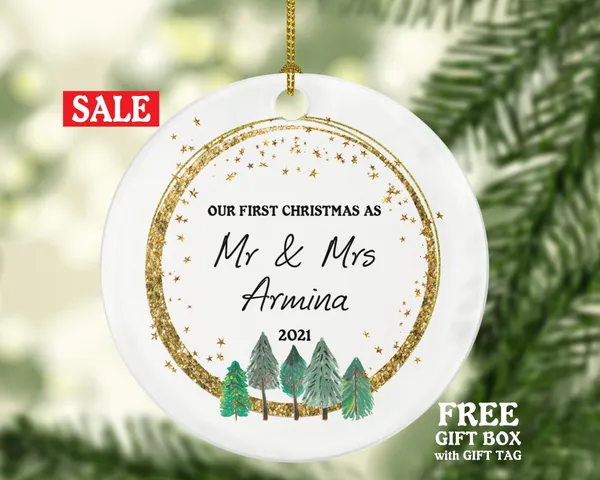 Our First Christmas as Mr & Mrs Married Couple Christmas Ornament Personalized - Newlywed Mr. and Mrs. Custom Gift