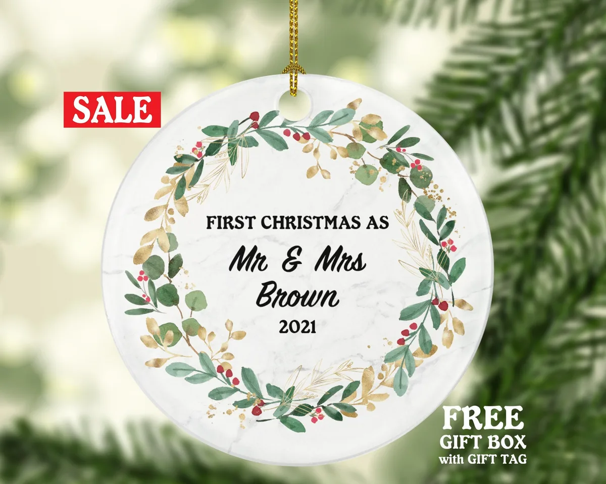 First Christmas as Mr & Mrs Married Couple Christmas Ornament Personalized - Newlywed Christmas First Custom Gift - Greenery