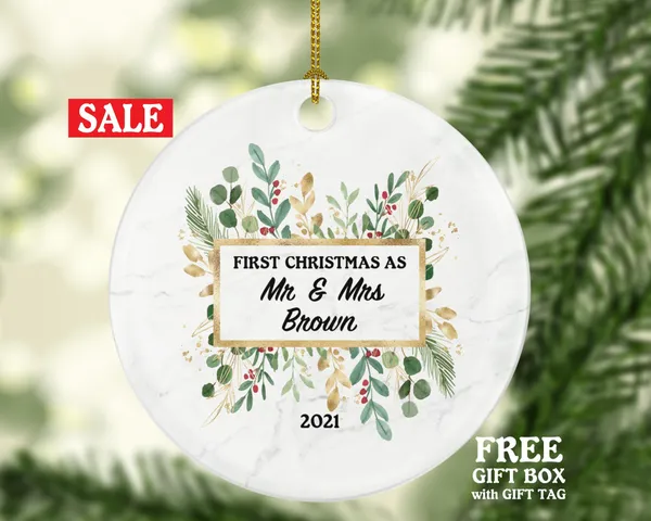 First Christmas as Mr & Mrs Married Couple Christmas Ornament Personalized - Newlywed Christmas First Custom Gift - Greenery