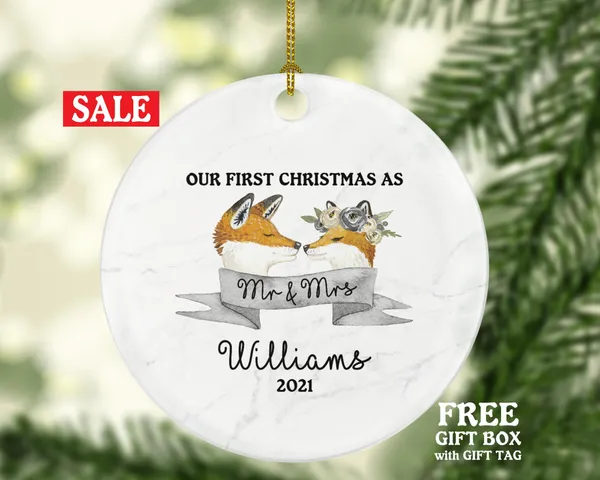 Our First Christmas as Mr & Mrs Married Couple Christmas Ornament Personalized - Fox Couple Newlywed Christmas First Custom Gift