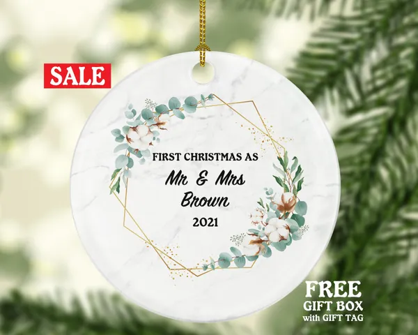 First Christmas as Mr & Mrs Married Couple Christmas Ornament Personalized - Newlywed Christmas First Custom Gift - Greenery