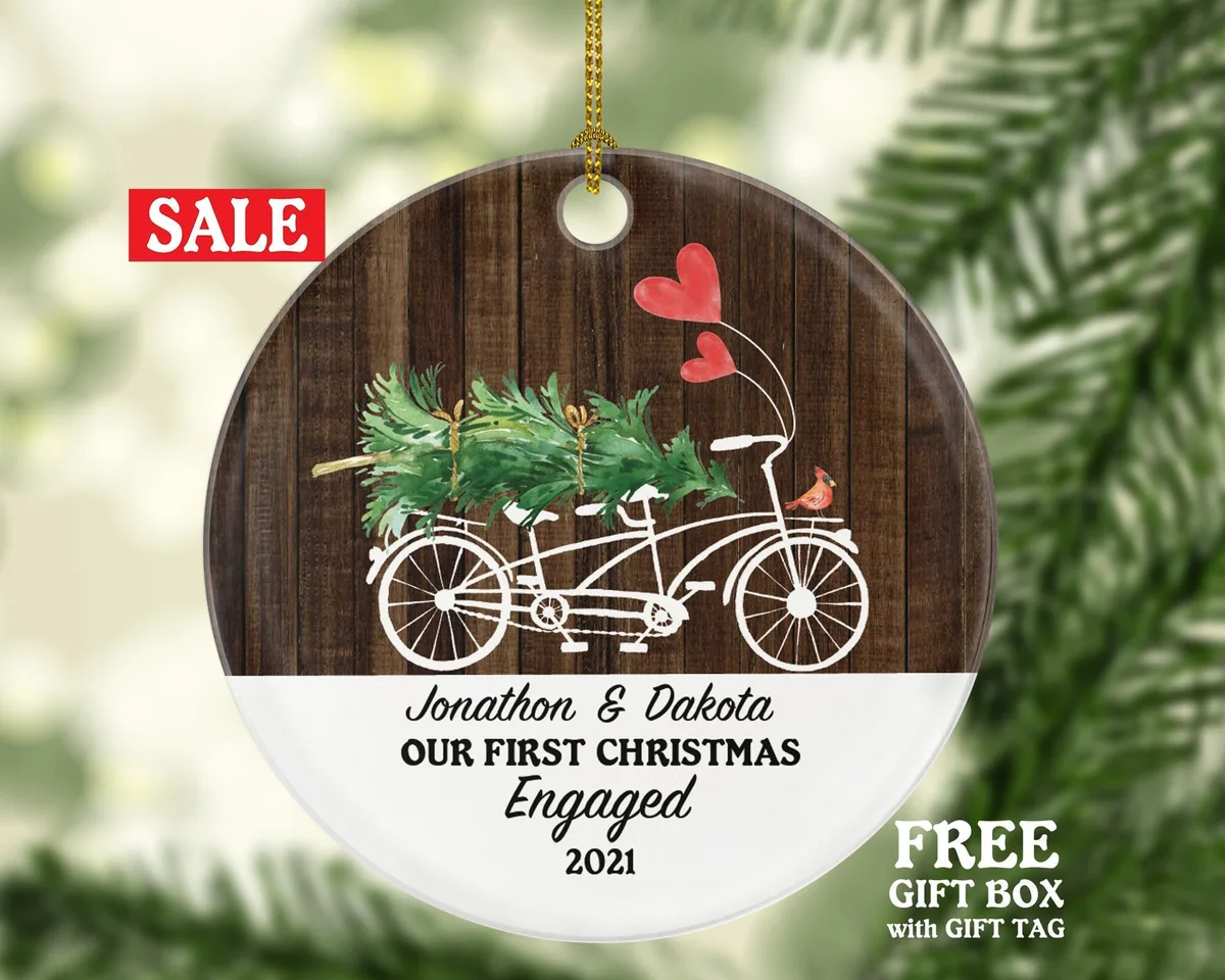 Personalized Engagement Christmas Ornament - Tandem Bicycle Rustic Farmhouse Love Birds Newly Just Engaged Gift for Couple Tree Xmas