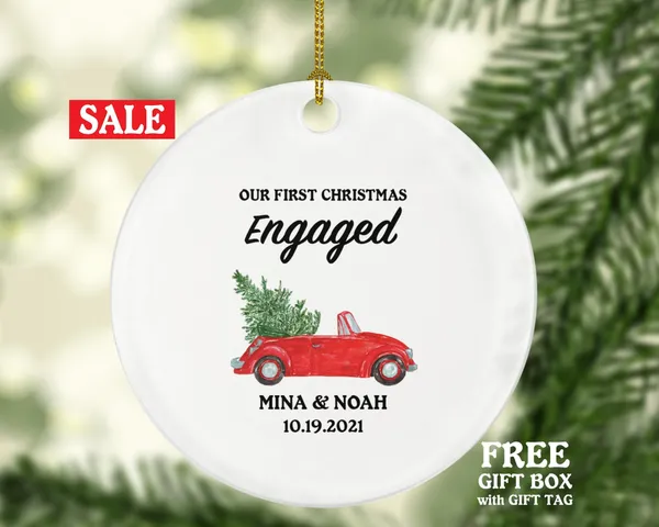 First Christmas Engaged Convertible Red Car Ornament - Couple Personalized Engagement Gift Custom Names & Year Just Newly Engaged