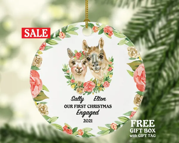Our First Christmas Engaged Ornament - Personalized Engagement Announcement Gift - Llama Couple