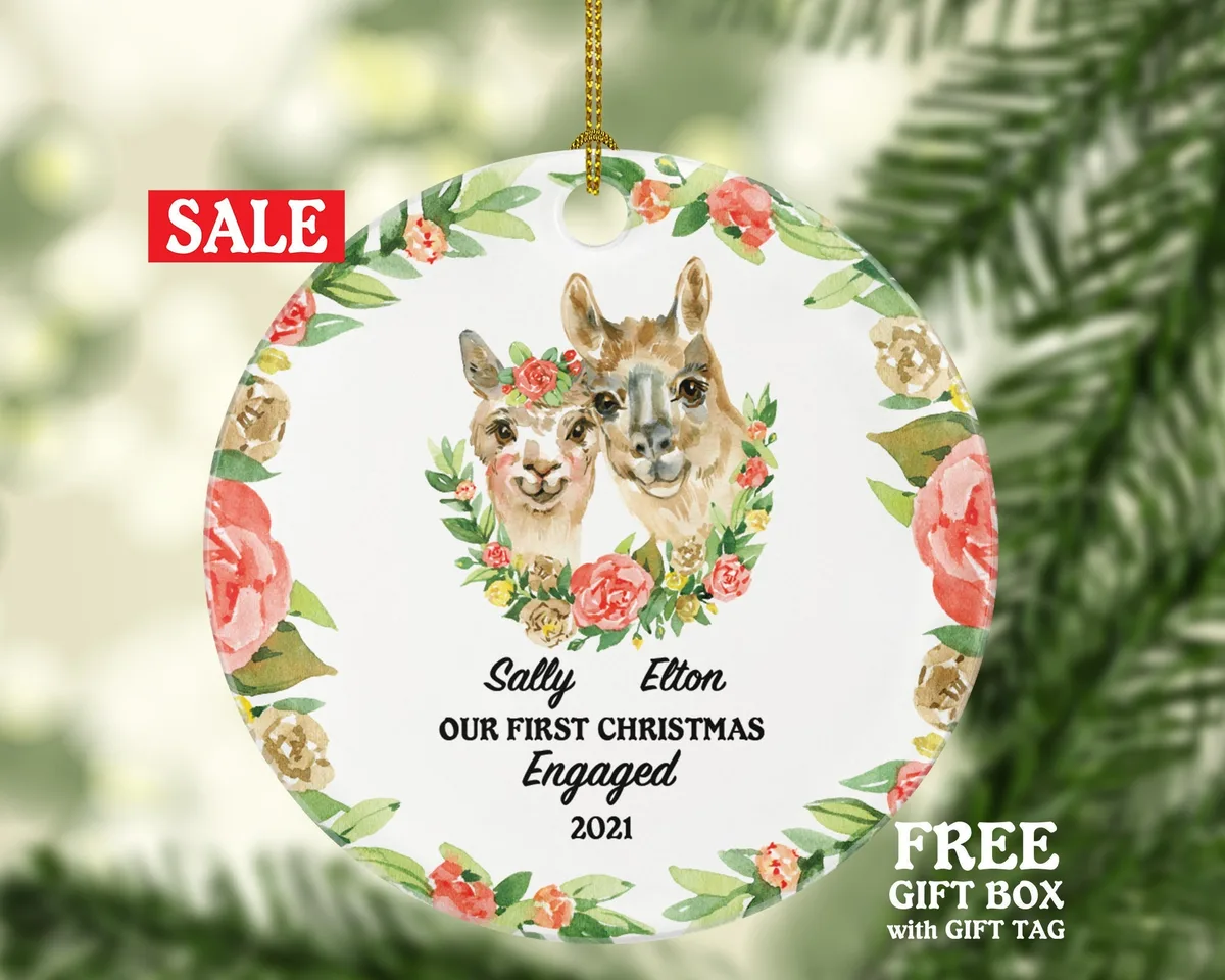 Our First Christmas Engaged Ornament - Personalized Engagement Announcement Gift - Llama Couple