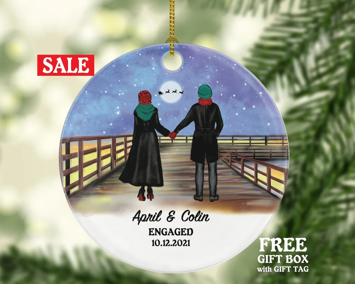 Engaged Christmas Ornament - Personalized Engagement Announcement Our First Christmas - Couple Gift - Custom Date and Name