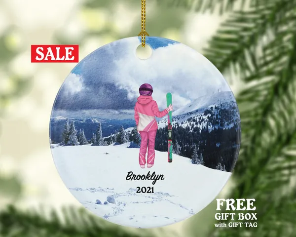 Skiing Christmas Ornaments Downhill Skier, Female Girl Ski Trip Vacation, Winter Sports Ornament Personalized Gift Sports Hobby Occupation