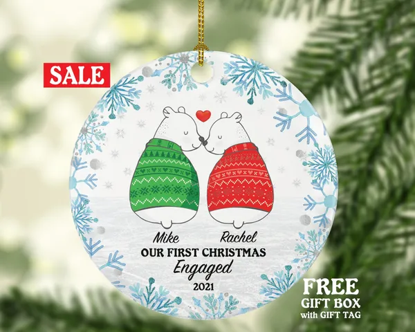 First Christmas Engaged Custom Ornament - Personalized Engagement Announcement Bear Couple Gift - Custom Date Name - Future Husband Wife