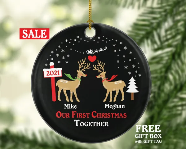 First Christmas Together Couples Christmas Ornament Personalized - Custom New Deer Couple Gift - Names and Year