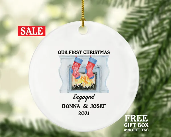 Engaged Couple Fireplace Christmas Ornament - Engagement Personalized Gift Rustic Farmhouse Decor Newly Just Engaged Custom