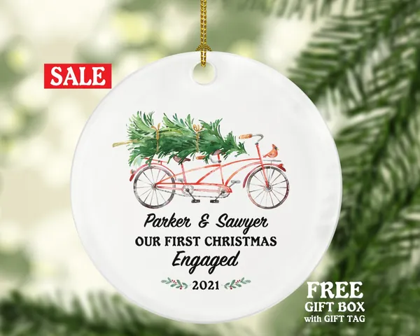 Personalized Engagement Christmas Ornament - Tandem Bicycle  Newly Just Engaged Gift for Couple Tree Xmas Watercolor