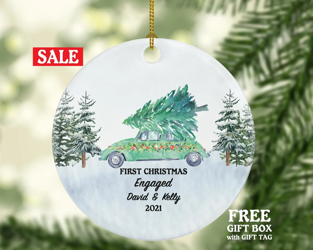 First Christmas Engaged Green Car Ornament - Couple Personalized Engagement Gift Custom Names & Year Just Newly Engaged Vintage