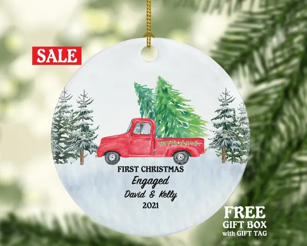 First Christmas Engaged Red Pick up Truck Ornament - Couple Personalized Engagement Gift Vintage Car Farmhouse Custom Names & Year