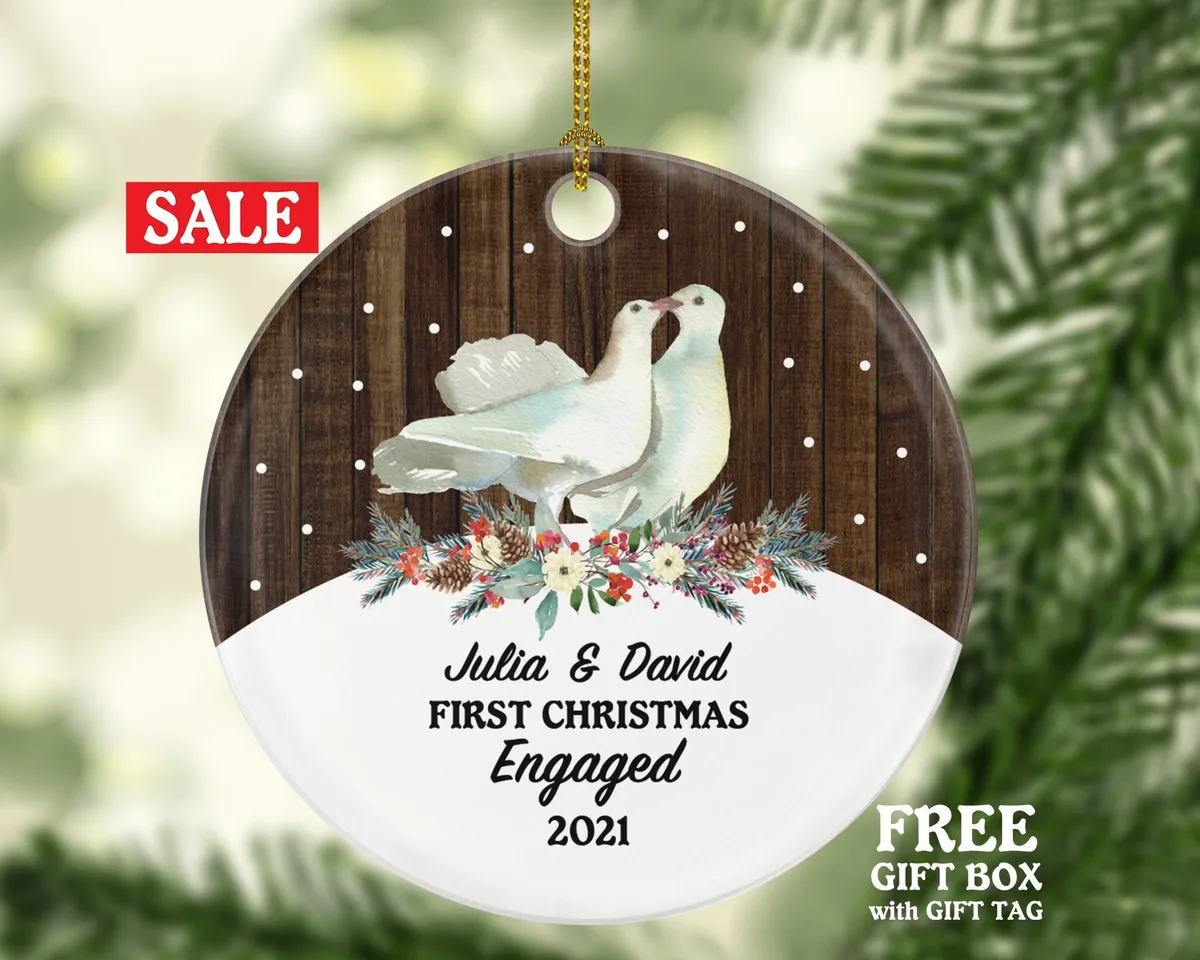 First Christmas Engaged Custom Ornament - Personalized Engagement Announcement Birds Couple Gift - Custom Date Name - Future Husband Wife