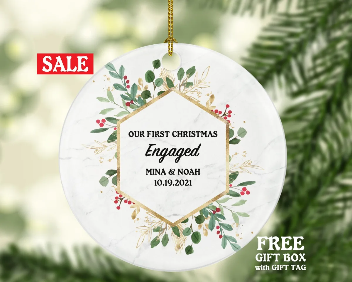 Our First Christmas Engaged Personalized Ornament - Engagement Announcement Couple Gift - Greenery Frame