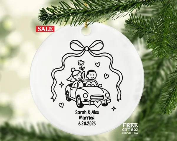 Minimalist Just Married Car Front Ornament – Bride and Groom Line Art Wedding Keepsake – Personalized Newlywed Ceramic Gift 2025