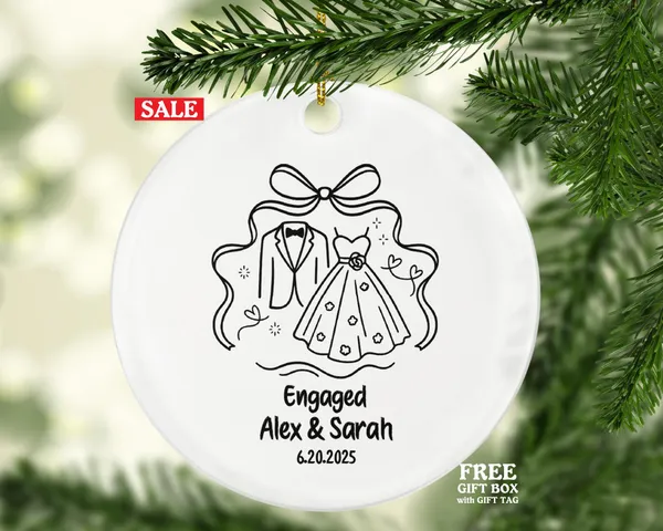 Minimalist Line Art Engagement Ornament – Bride Dress & Groom Tuxedo Design – Custom Engaged Couple Keepsake Gift