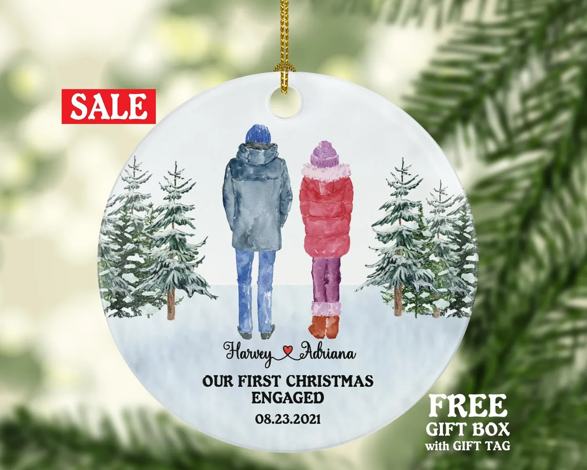 First Christmas Engaged Custom Ornament - Personalized Engagement Announcement Couple Gift - Custom Date Name - Future Husband Wife