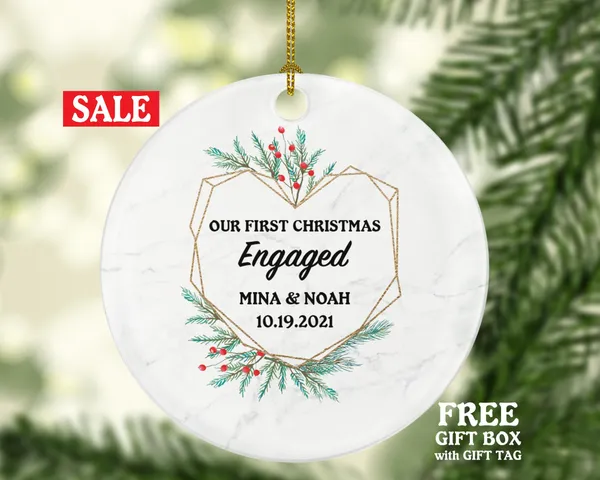 First Christmas Engaged Personalized Ornament - Engagement Announcement Couple Gift - Greenery Heart