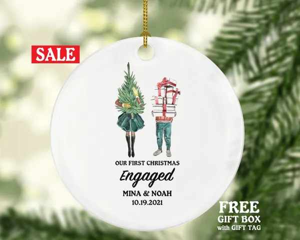 First Christmas Engaged Personalized Ornament - Engagement Announcement Couple Gift - Christmas Couple