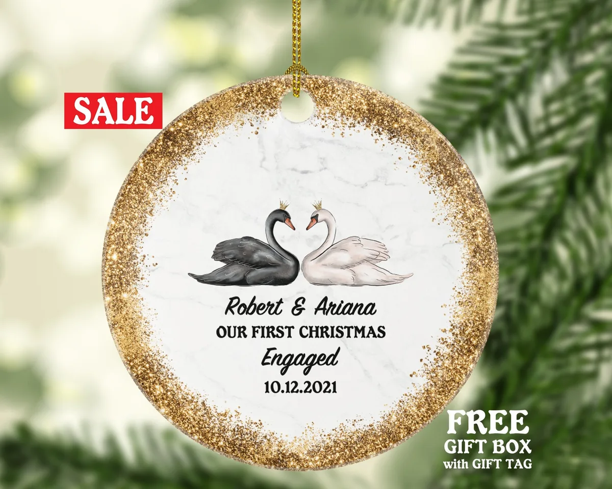 Our First Christmas Engaged Personalized Ornament - Engagement Announcement Couple Gift - Swans Couple